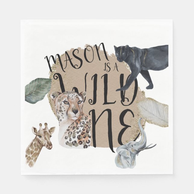 Watercolor Safari Wild One Animal Birthday Party Napkin (Front)