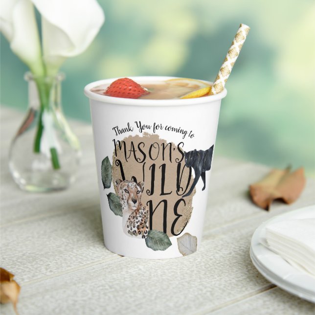 Watercolor Safari Wild One Animal Birthday Party Paper Cups (Insitu)