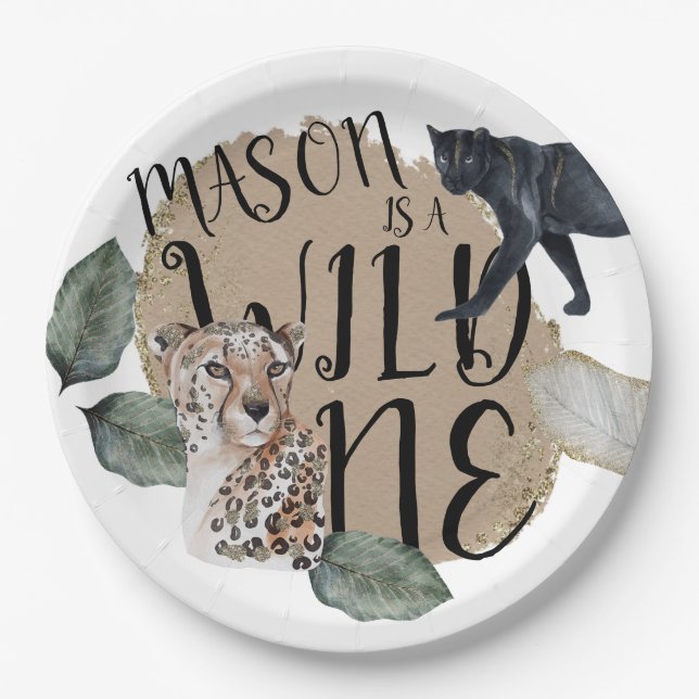Watercolor Safari Wild One Animal Birthday Party Paper Plate (Front)