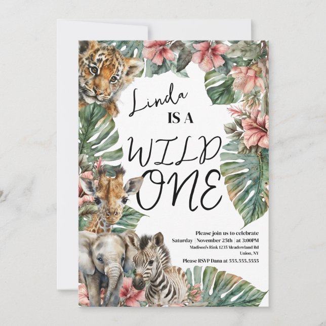 Watercolor Safari Wild One Baby Animals Birthday Invitation (Front)