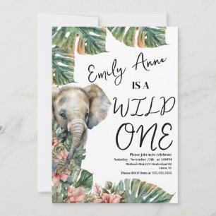 Watercolor Safari Wild One Baby Elephant Birthday Invitation