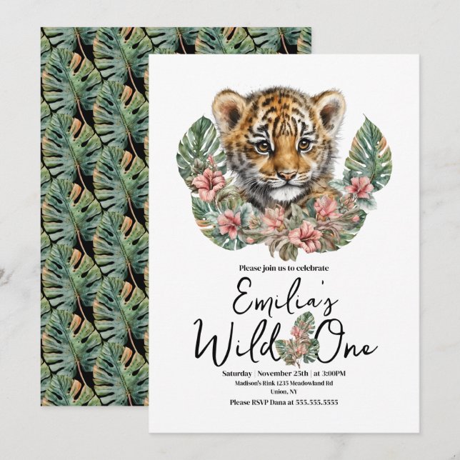 Watercolor Safari Wild One Baby Tiger Cub Birthday Invitation (Front/Back)