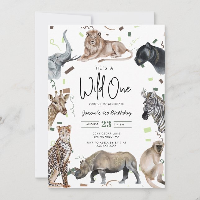 Watercolor Safari Wild One Birthday Invitation (Front)
