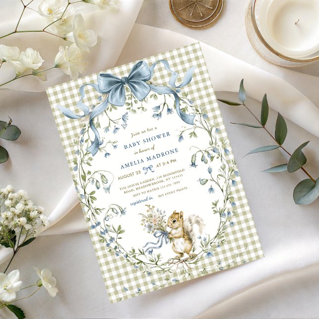 Watercolor Sage Gingham Squirrel Baby Shower Invitation (Creator Uploaded)