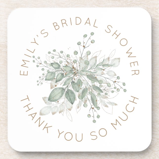 Watercolor Sage Gold Foliage Bridal Shower Favour  Coaster (Front)