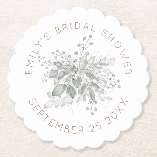 Watercolor Sage Gold Foliage Bridal Shower Paper C Coaster (Front)