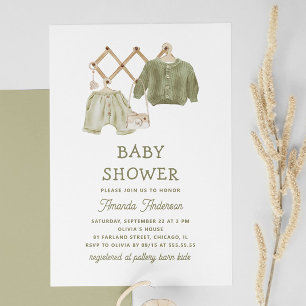 Watercolor sage green clothes. Cute baby shower Invitation
