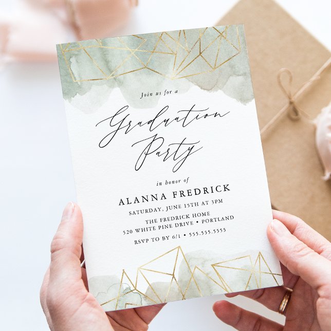 Watercolor Sage Green Gold Geometric Graduation Invitation (Creator Uploaded)