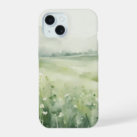 Watercolor Sage Green Meadow Landscape iPhone 15 