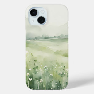 Watercolor Sage Green Meadow Landscape iPhone 15 Case