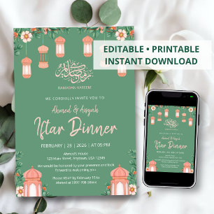 Watercolor Sage Green & Pink Lanterns Iftar Invitation