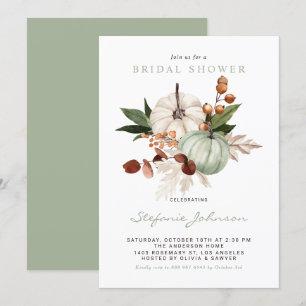 Watercolor Sage Green Pumpkins Fall Bridal Shower Invitation