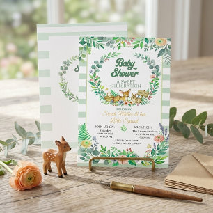 Watercolor Sage Green Stripes Woodland Animals Invitation