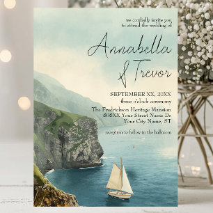 Watercolor Sailboat and Cliffs Romantic Wedding Invitation