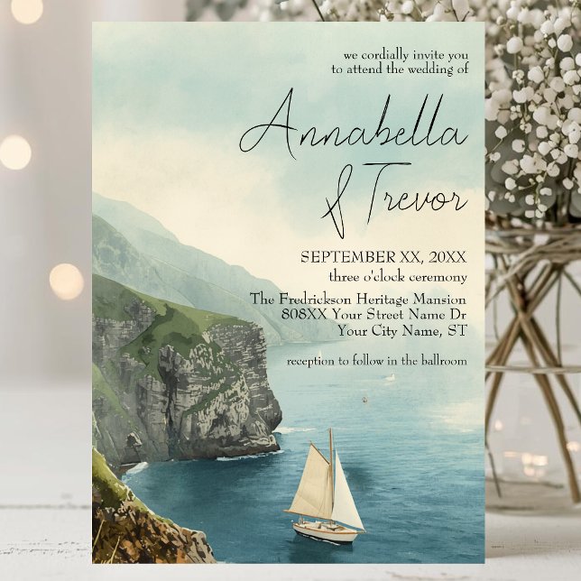 Watercolor Sailboat and Cliffs Romantic Wedding Invitation (Creator Uploaded)