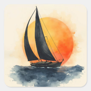Watercolor Sailboat at Sunset Square Sticker