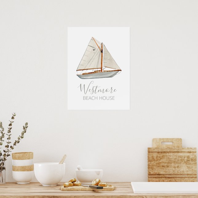 Watercolor Sailboat Beach House Poster (Kitchen)