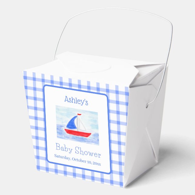 Watercolor Sailboat Blue Check Baby Shower Gift Favour Box (Front)
