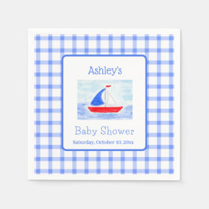 Watercolor Sailboat Blue Check Baby Shower Napkin