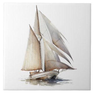  Watercolor Sailboat Ceramic Tile