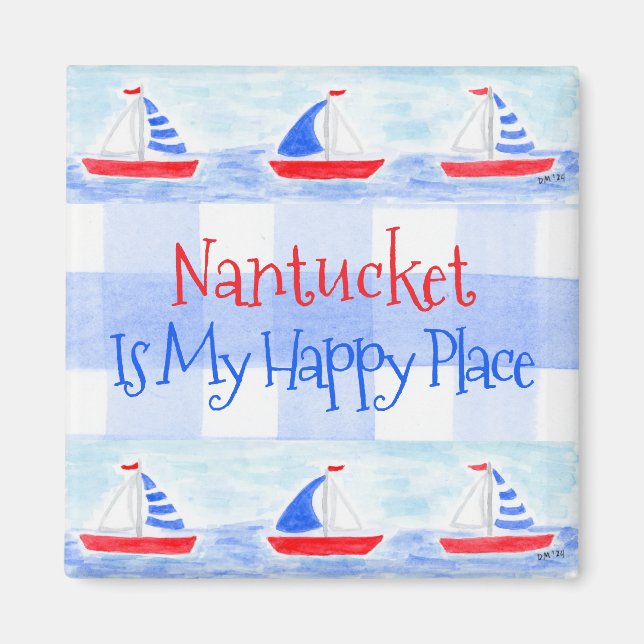 Watercolor Sailboat Check Happy Place TOWN NAME Magnet (Front)