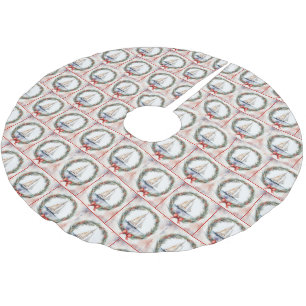 Watercolor Sailboat In a Christmas Wreath Brushed Polyester Tree Skirt