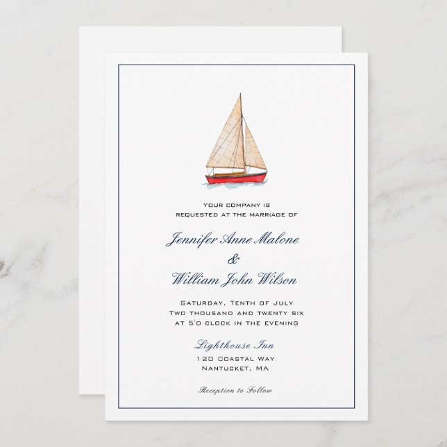 Watercolor Sailboat Nautical wedding invitation (Front/Back)
