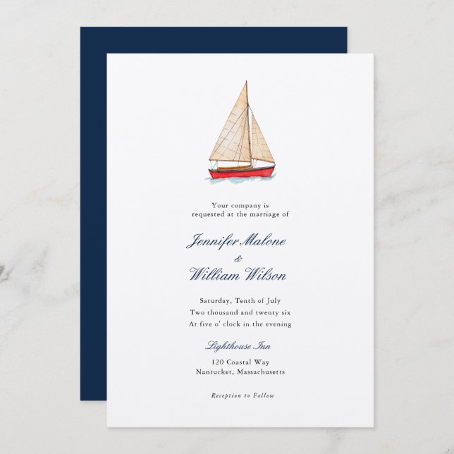 Watercolor Sailboat Nautical wedding invitation (Front/Back)
