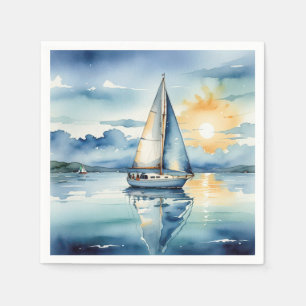 Watercolor Sailboat On a Lake At Sunset Napkin