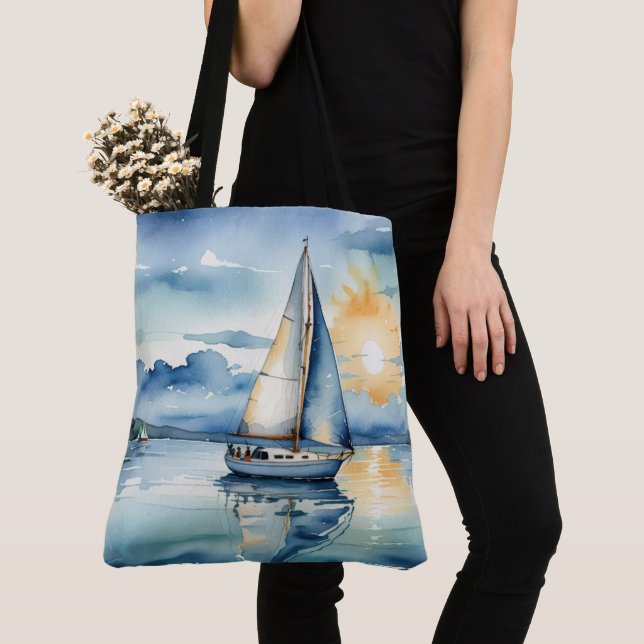Watercolor Sailboat On a Lake At Sunset Tote Bag (Close Up)