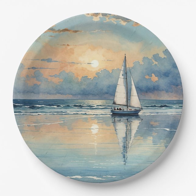 Watercolor Sailboat On Ocean Painting Paper Plate (Front)