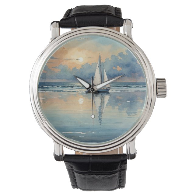 Watercolor Sailboat On Ocean Painting Watch (Front)