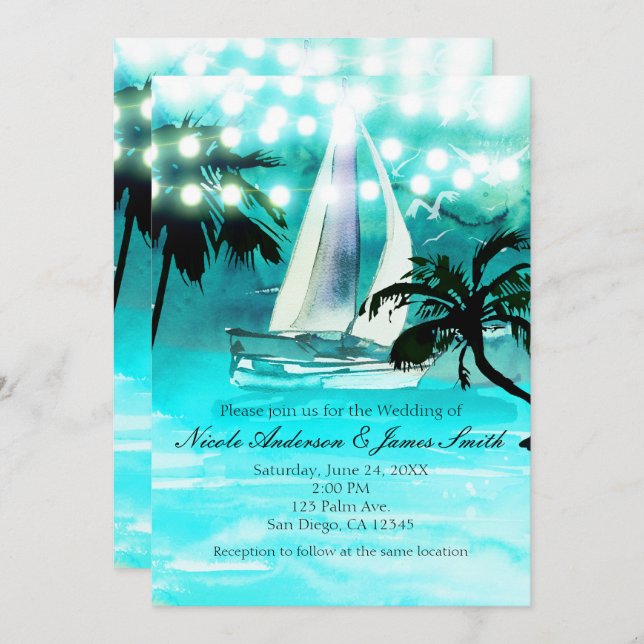 Watercolor Sailboat Palm Trees & String Lights Invitation (Front/Back)