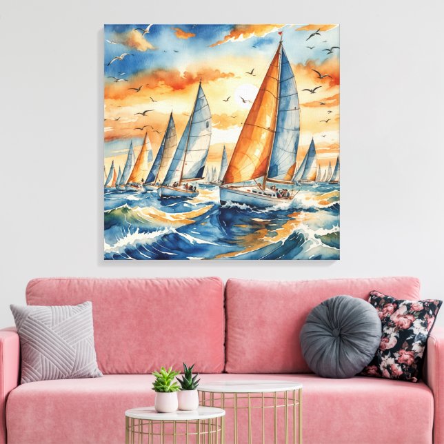 Watercolor Sailboat Regatta Canvas Print (Insitu(LivingRoom))