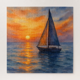 Watercolor Sailboat Serene Ocean Sunset Nautical Jigsaw Puzzle