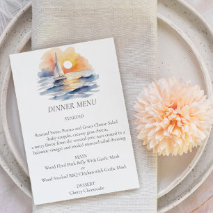 Watercolor Sailboat Sunset Seascape Wedding Menu