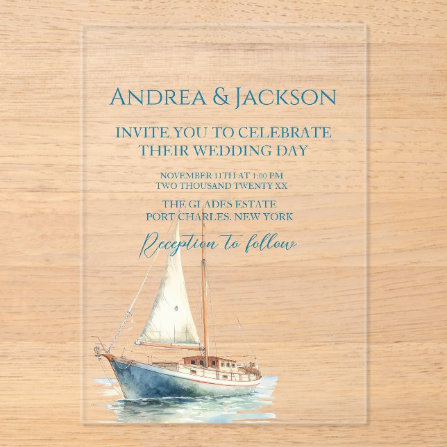 Watercolor Sailboat Wedding Acrylic Invitations (Front)