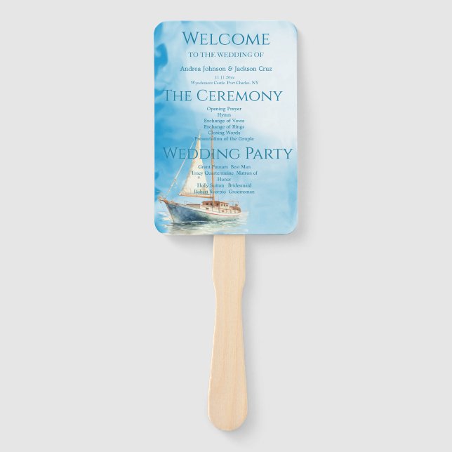 Watercolor Sailboat Wedding Program Hand Fan (Front)