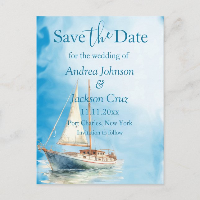 Watercolor Sailboat Wedding Save the Date Postcard (Front)