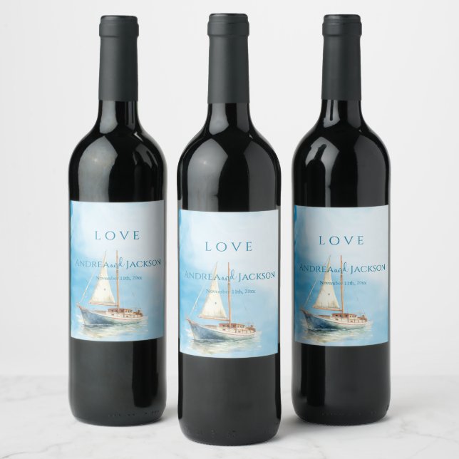 Watercolor Sailboat Wedding  Wine Label (Bottles)