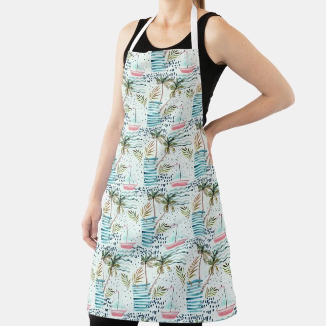 Watercolor Sailboat with Palm Tree Pattern Apron (Insitu)