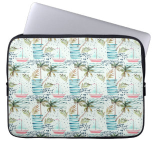 Watercolor Sailboat with Palm Tree Pattern Laptop Sleeve