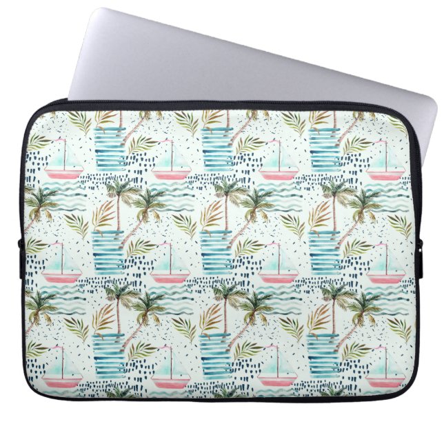 Watercolor Sailboat with Palm Tree Pattern Laptop Sleeve (Front)