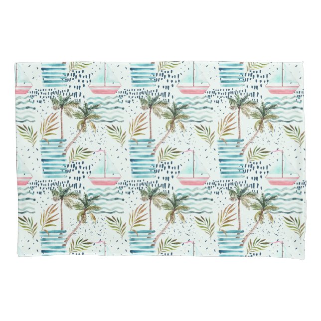 Watercolor Sailboat with Palm Tree Pattern Pillowcase (Front-Left)