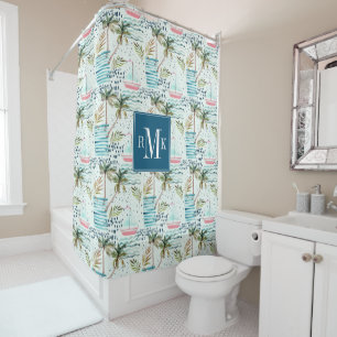 Watercolor Sailboat with Palm Tree Pattern Shower Curtain