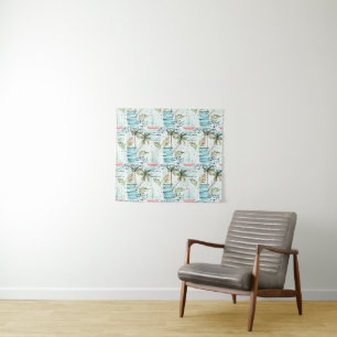 Watercolor Sailboat with Palm Tree Pattern Tapestry