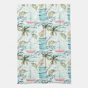 Watercolor Sailboat with Palm Tree Pattern Tea Towel