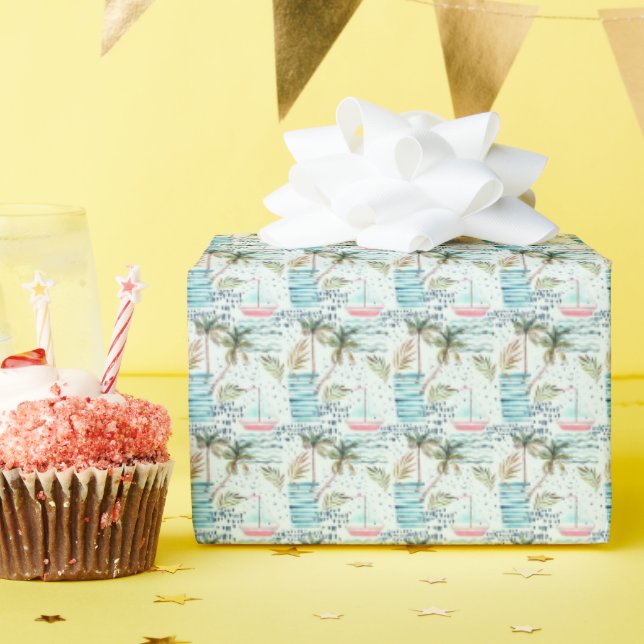 Watercolor Sailboat with Palm Tree Pattern Wrapping Paper (Birthday Party)
