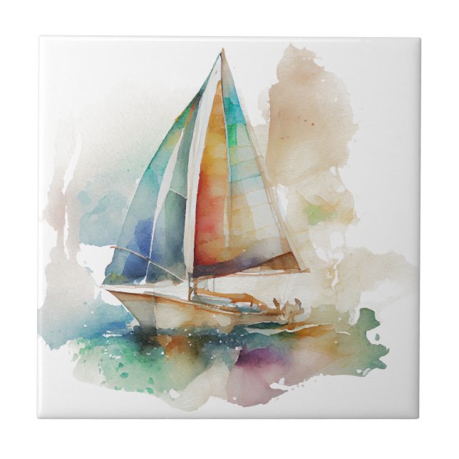 Watercolor Sailboats Ceramic Tile (Front)