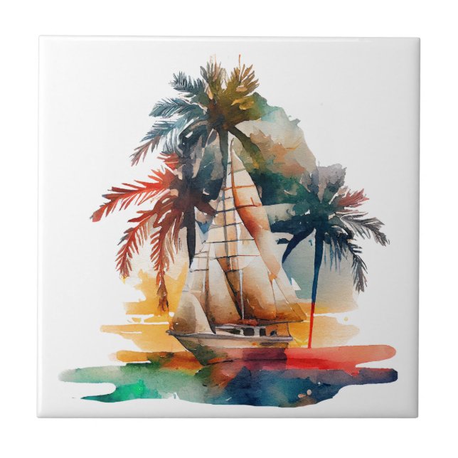 Watercolor Sailboats Ceramic Tile (Front)